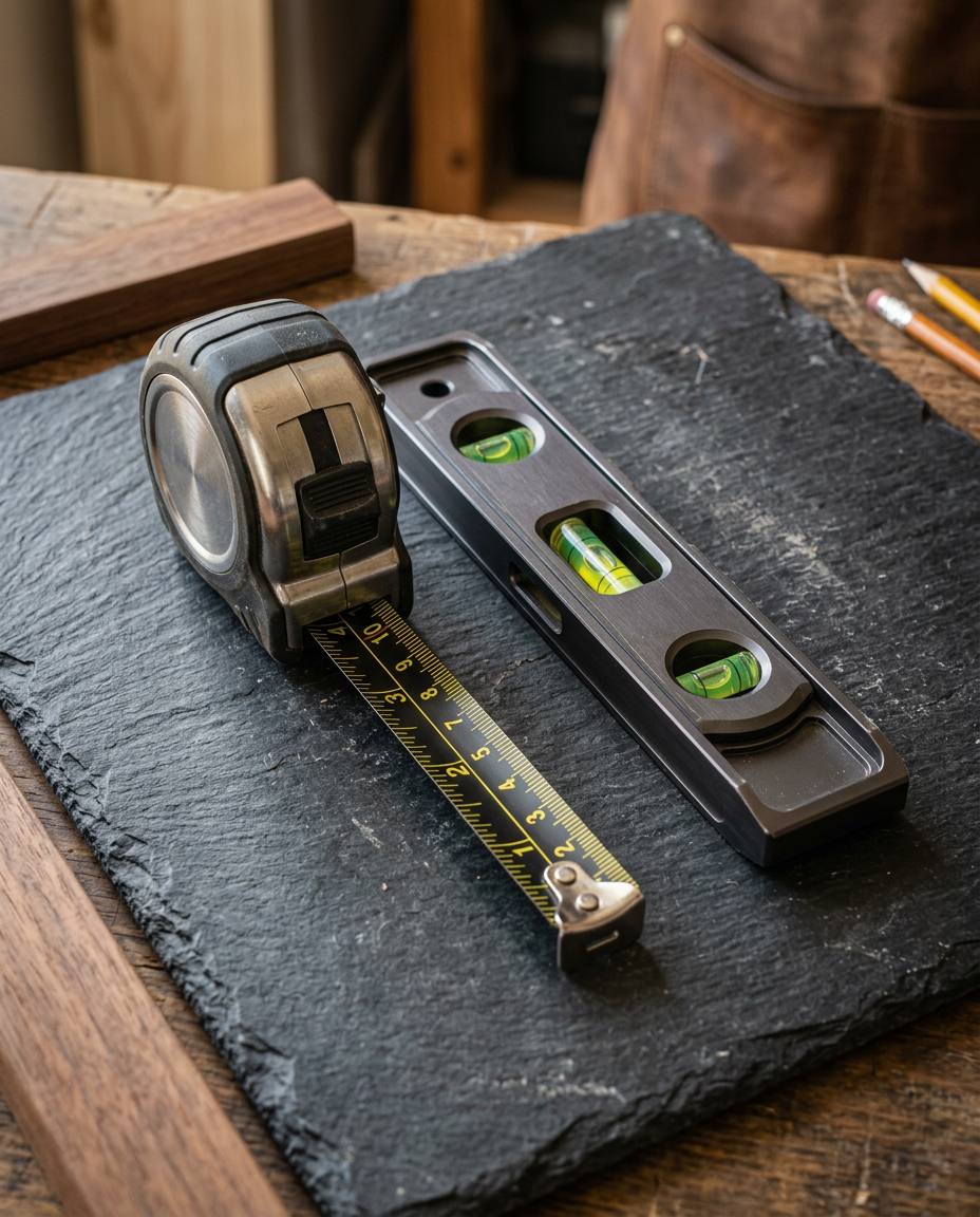 Heavy-duty metal tape measure and a spirit level arranged on a dark slate board on a craftsman's workbench