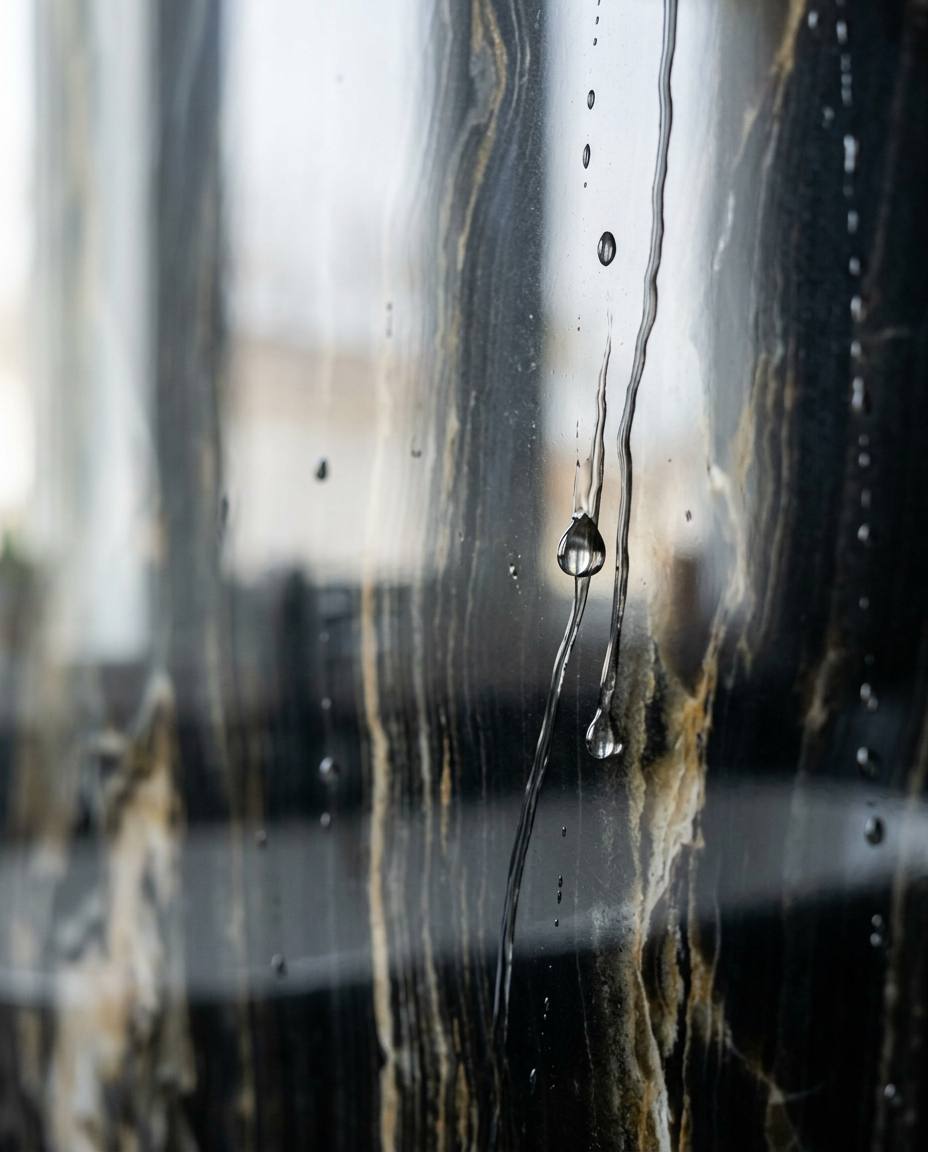 Macro close-up of a seamless polished onyx shower panel with water beading off the surface