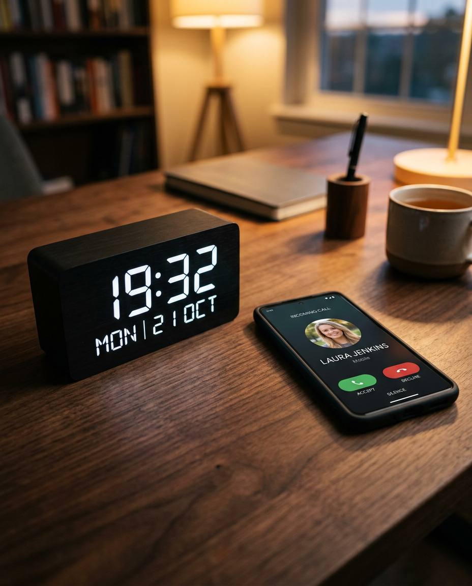 Modern LED desk clock beside a smartphone showing an incoming call on a dark wood desk in warm evening light