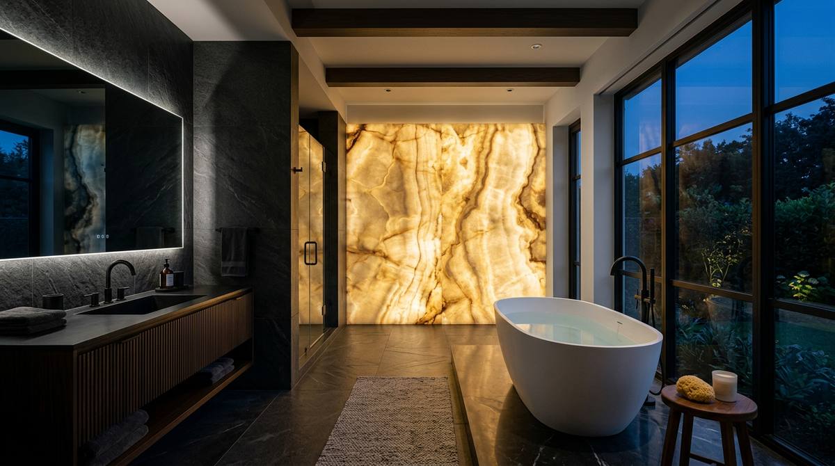 Serene modern spa bathroom at dusk with a backlit onyx feature wall and frameless glass shower