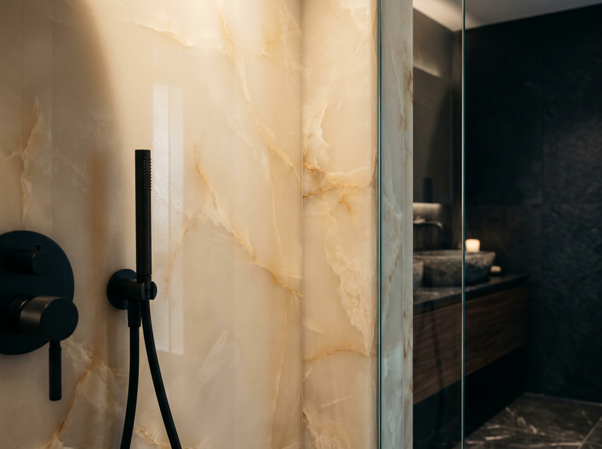 Seamless polished cream onyx shower wall panel with soft translucent veining beside frameless glass and a matte black shower fixture