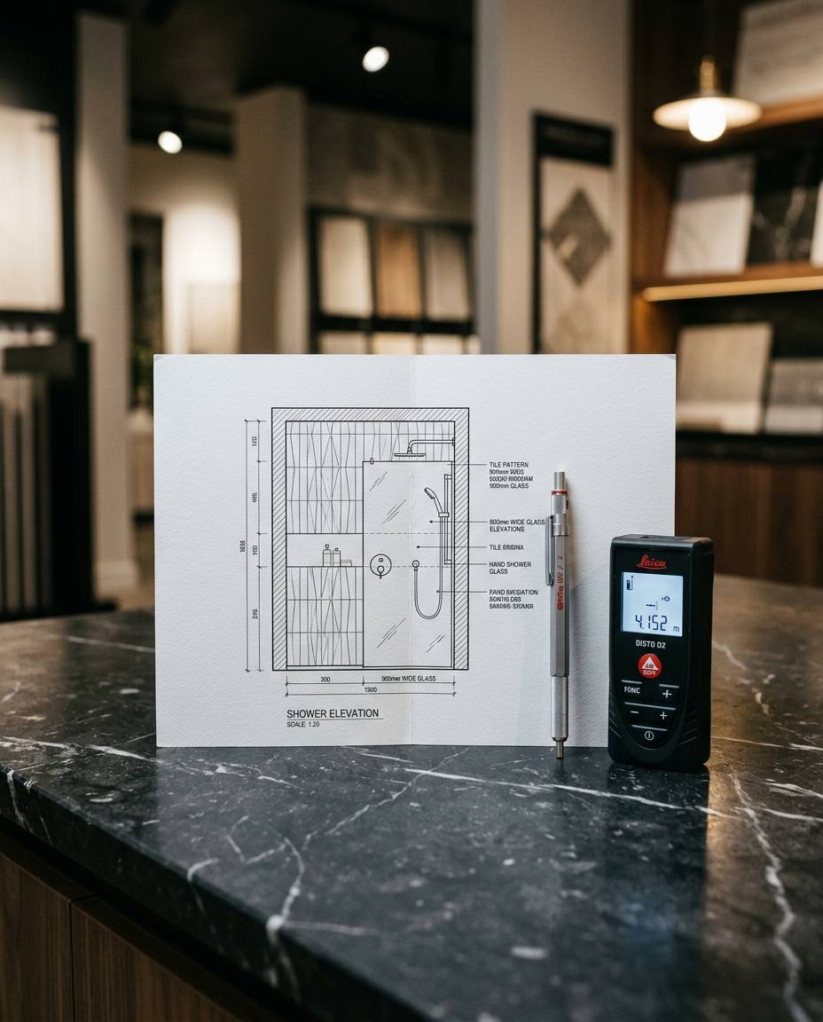 Custom shower elevation drawing beside a professional laser distance measurer and pencil on a dark marble countertop