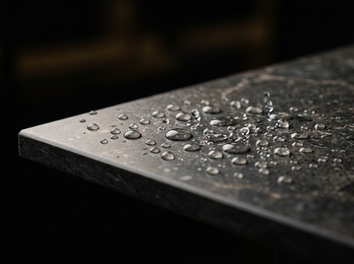 Macro view of a high-tech engineered polymer solid-surface bathroom panel with water beading on its non-porous satin finish