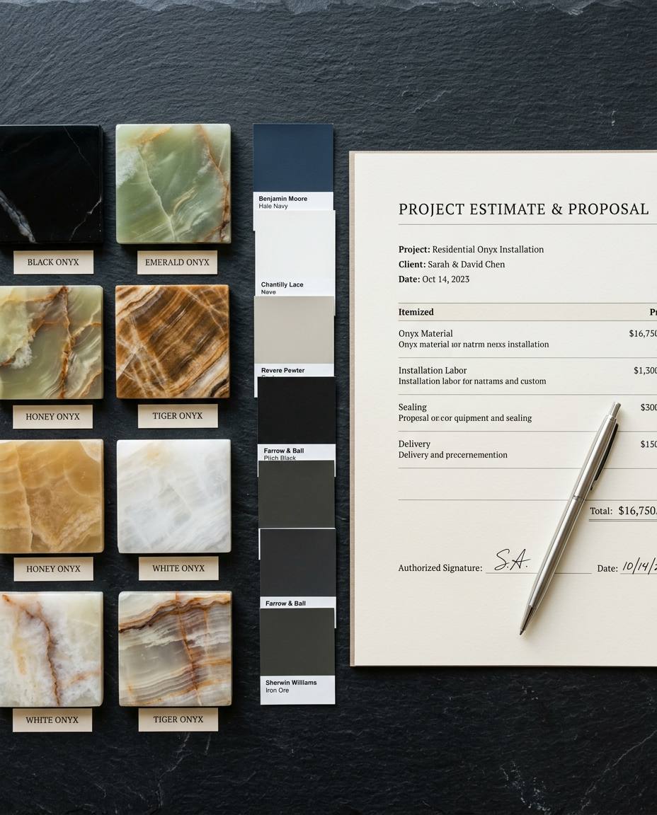 Onyx stone samples beside an itemized written remodeling proposal and a metal pen on dark marble