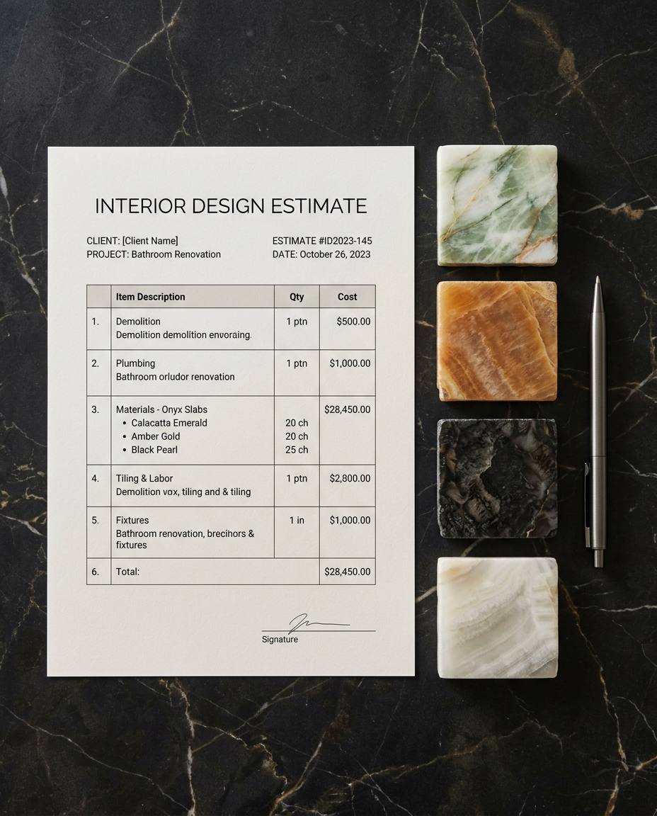 Top-down view of onyx stone swatch samples beside an itemized printed remodeling estimate and a metal pen on dark marble