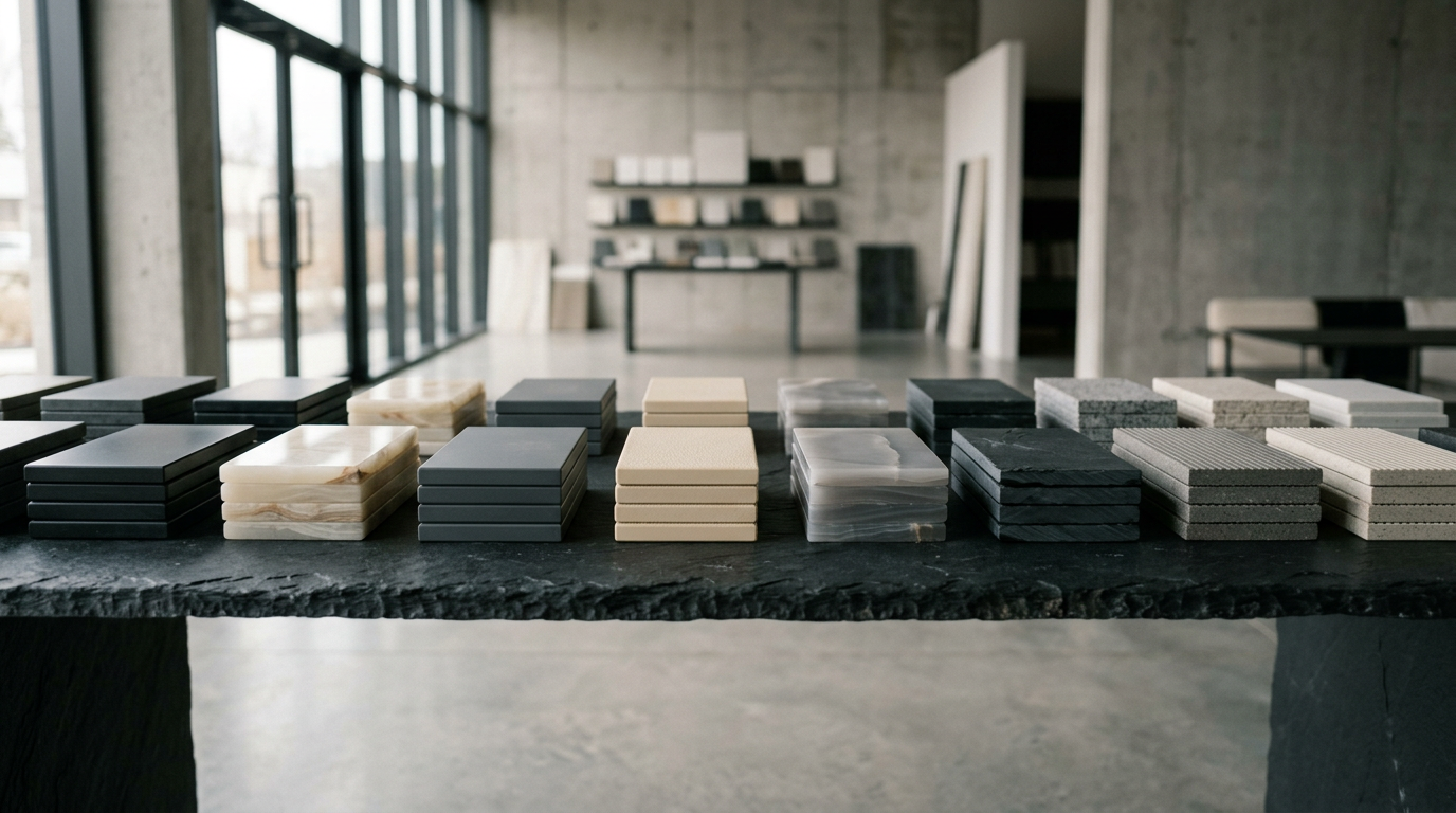 Onyx and engineered polymer bathroom material samples in cream, charcoal and grey stacked on a dark slate showroom table