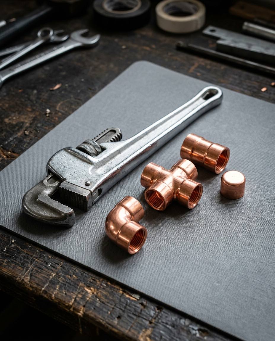 Chrome pipe wrench and copper plumbing fittings laid out on waterproof backer board