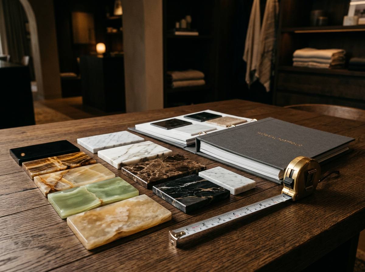 Premium onyx and marble material swatches arranged on a dark wood table beside a tape measure and material portfolio