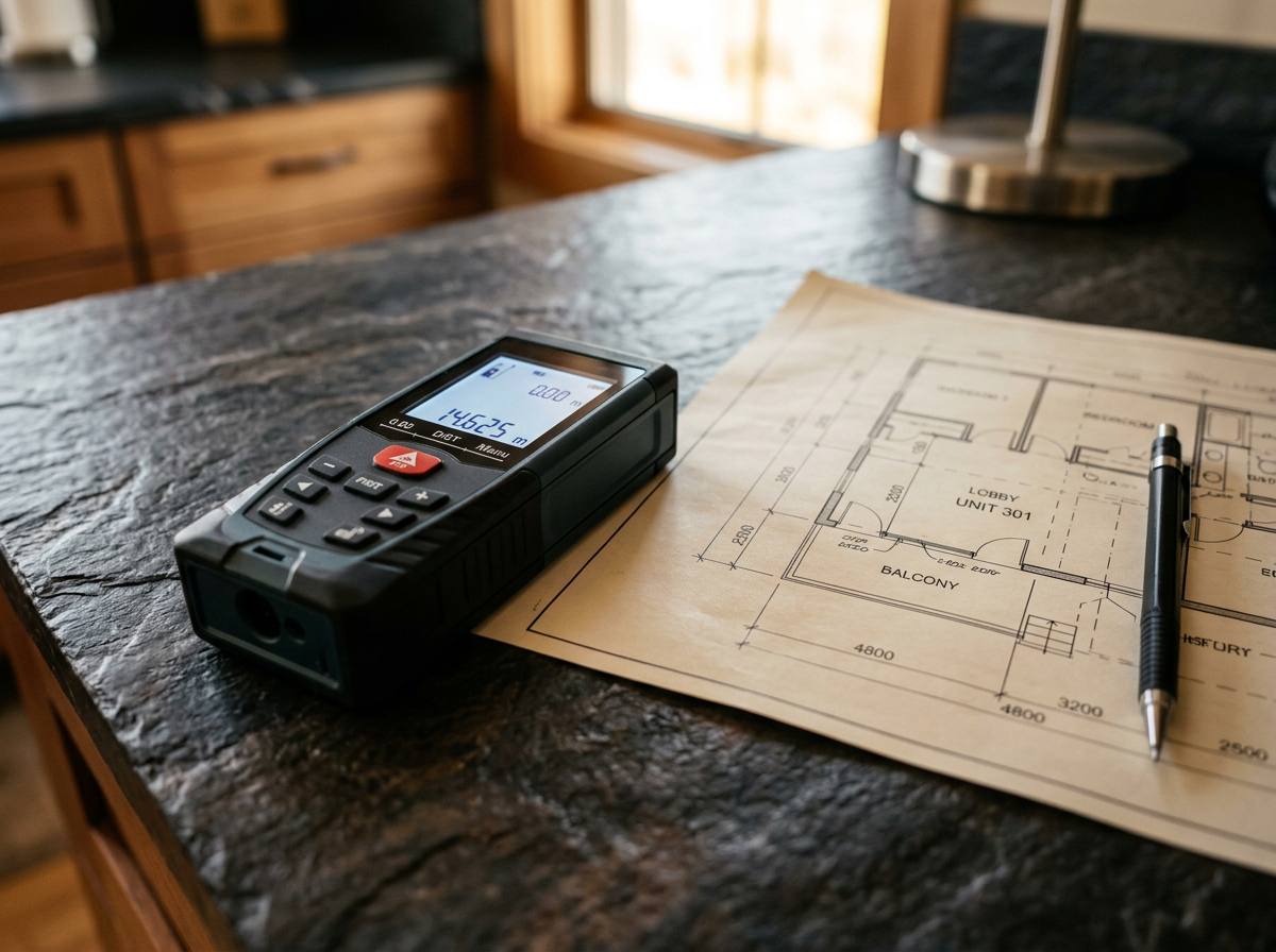 Professional digital laser measure resting on an architectural floor plan draft on a dark slate countertop