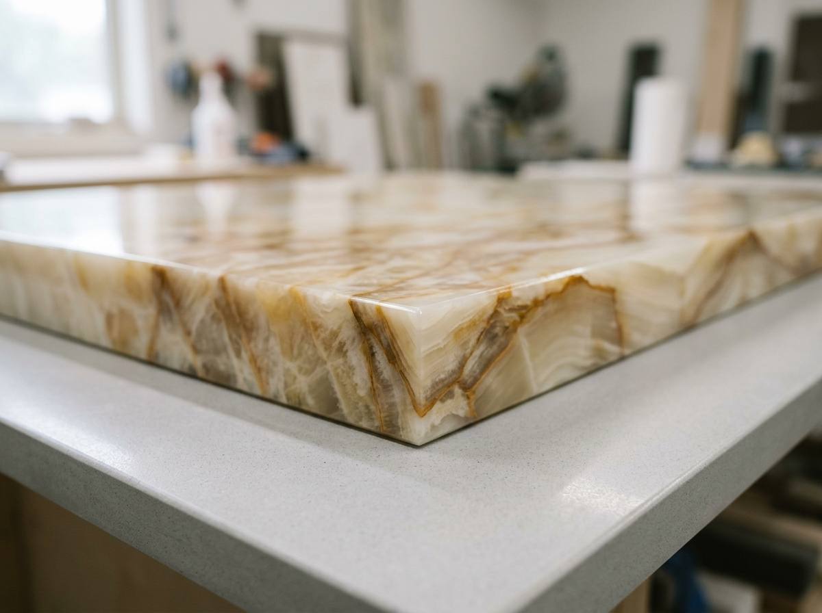 Freshly fabricated onyx vanity top with a flawless polished mitred edge resting on a clean fabrication bench