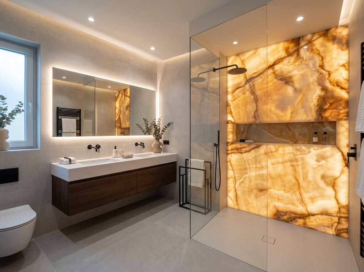 Finished modern bathroom with a glowing backlit onyx shower wall panel, frameless glass and a sleek floating vanity