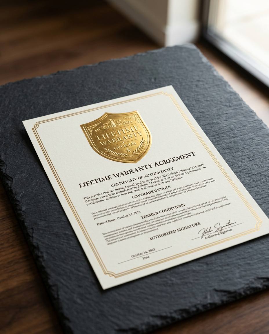 Embossed gold-seal warranty certificate resting on a polished dark stone countertop