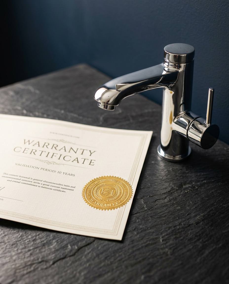 Official warranty certificate with an embossed gold seal on a dark slate countertop beside a polished chrome bathroom faucet