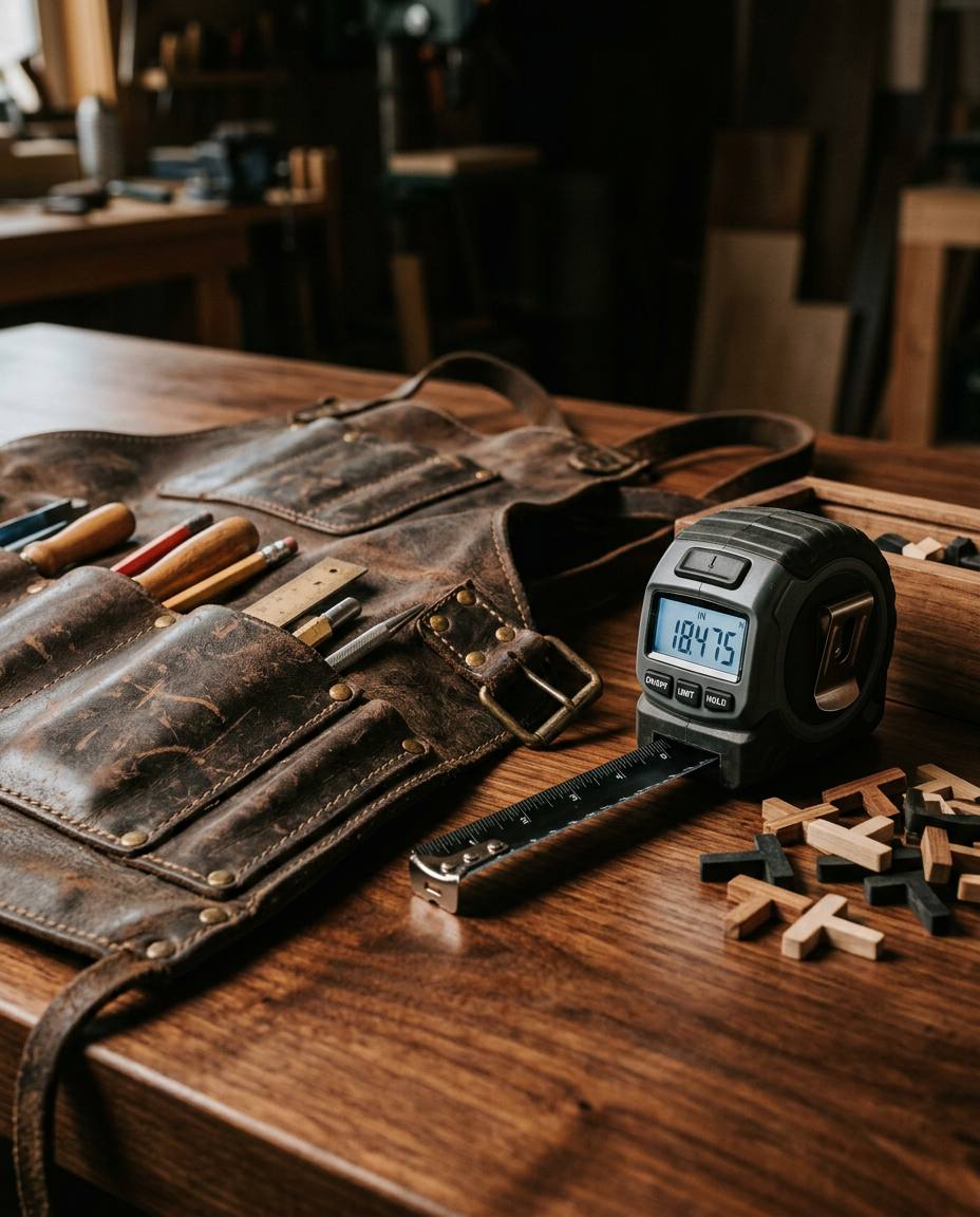 Craftsman's brass and steel measuring tools arranged on a dark slate workbench in warm light